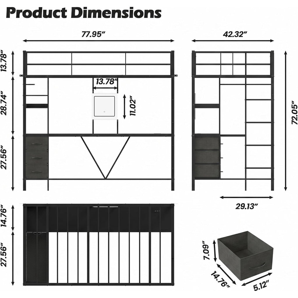 LAZZO Twin Loft Bed with Desk & Vanity, Built-in Power Strip, Storage Drawers, Space-Saving Metal Frame, No Box Spring Required, Black