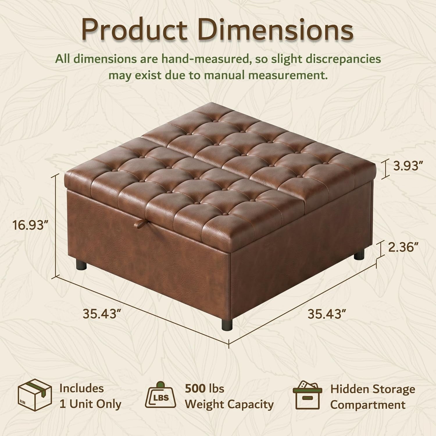 LAZZO Storage Ottoman, 35.5" Lift Top Tufted Leather Foot Stool with Hidden Storage for Living Room, Brown