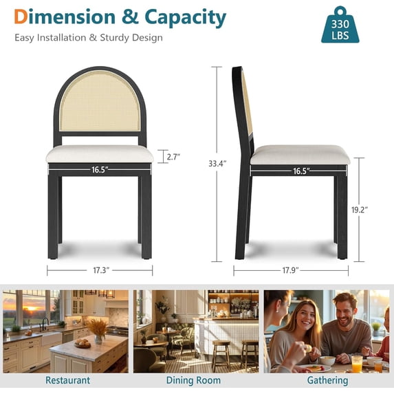 LAZZO Dining Chairs Set of 4, Farmhouse Upholstered Rattan Chairs with Chenille Seat for Kitchen Dining Room, Black