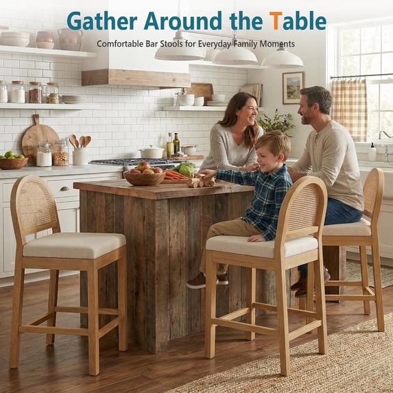 LAZZO Rattan Bar Stools Set of 3, Wooden Counter Height Stools with Rattan Woven Back and Chenille Seat for Dining Room, Beige