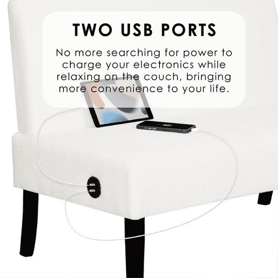 LAZZO 43" Mini Small Comfy Couch Armless Loveseat Sofa with USB Port, White