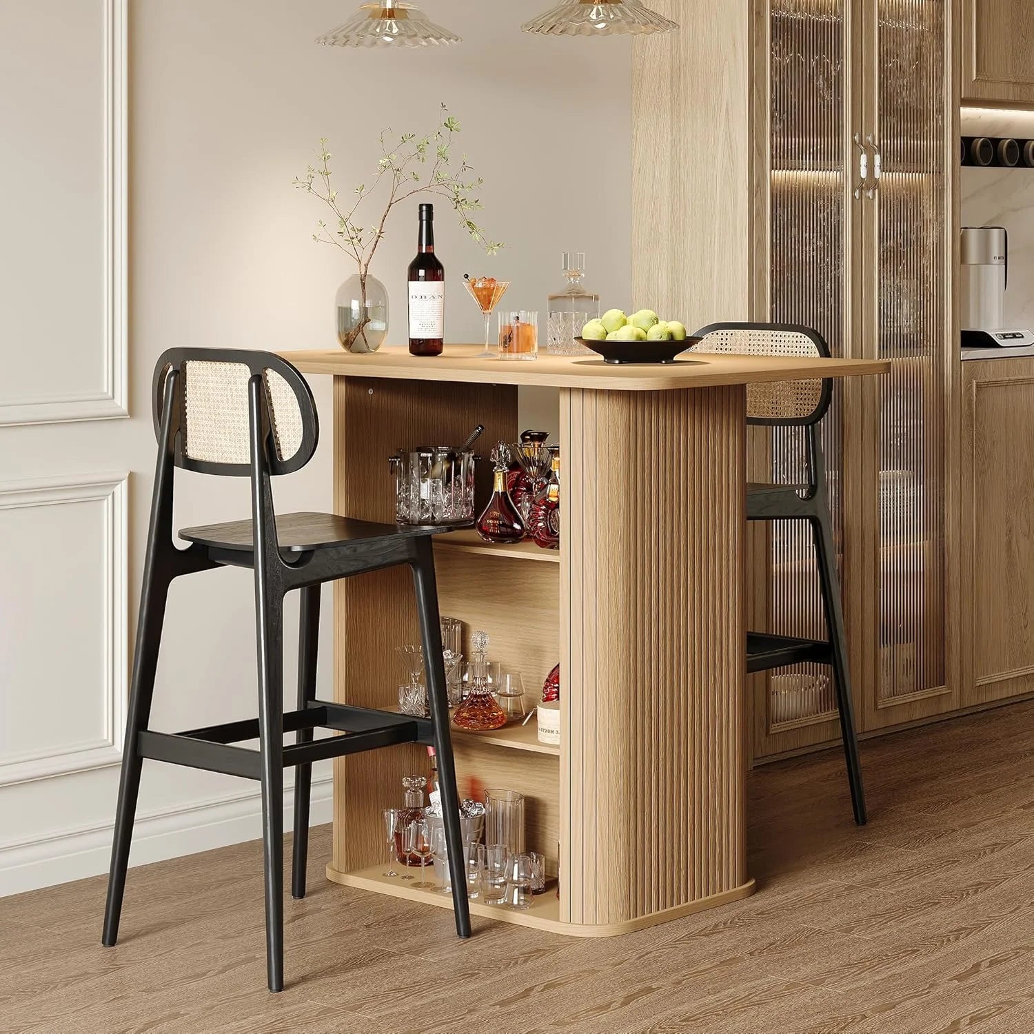 LAZZO 43.5" Kitchen Island with Storage, 3-Tier Farmhouse Counter Height Table, Rustic Wood Coffee Bar Table for Kitchen & Dining Room, Oak