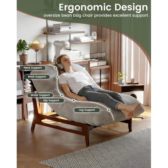 LAZZO Oversized Chaise Lounge Chair Indoor, 3-in-1 Convertible Accent Chair with Solid Wood Frame & Plush Cushion, Beige