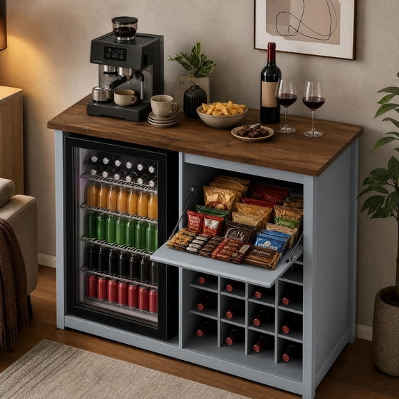 LAZZO 42" Bar Cabinet with Mini Fridge Space, Liquor Cabinet with Wine Rack and Flip-Down Bar for Kitchen and Dining Room, Blue