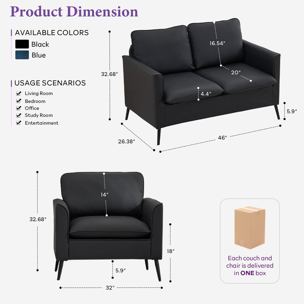 TYBOATLE Leather Loveseat Sofa and Accent Chair, Comfy Love Seat Couch and Chair Set with 2 Pillows, Mid-Century Modern 2 Seat Couches for Small Spaces, 2 Pieces Living Room Furniture Sets (Black, 2)