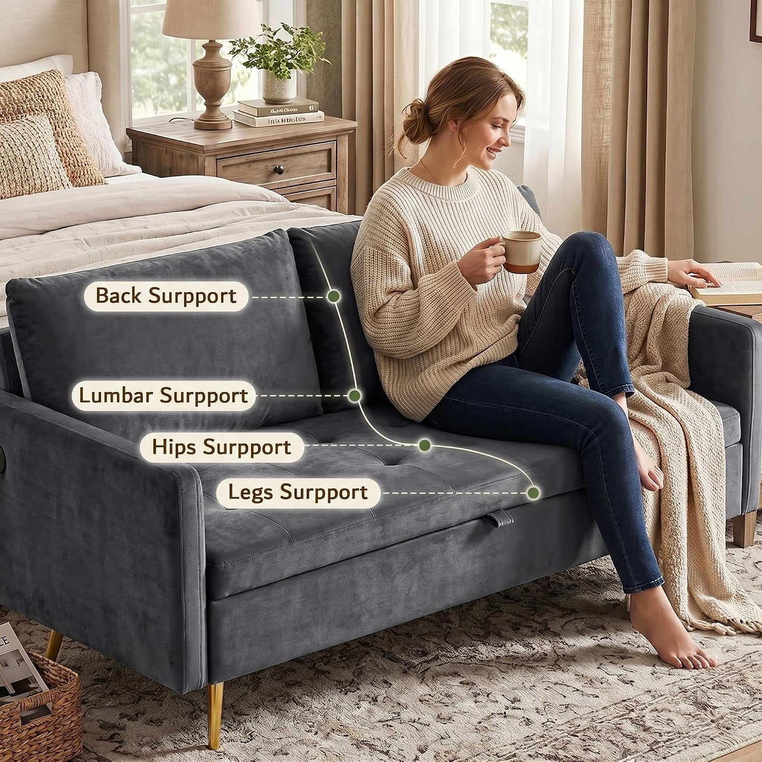 LAZZO 60" Loveseat Sofa with Hidden Storage, Fabric Upholstered Couch with USB Charging Ports for Living Room, Gray