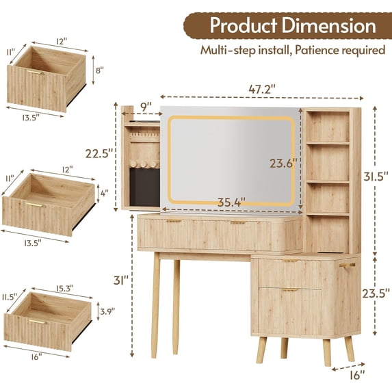 LAZZO 48" Makeup Vanity Desk with Lighted Mirror, Glass Top, Jewelry Organizer and Charging Station for Bedroom, Oak