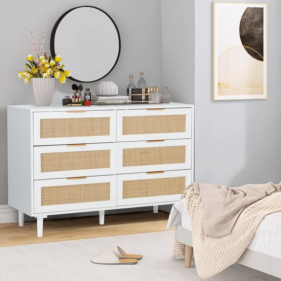 LAZZO 6-Drawer Rattan Dresser, Modern Chest of Drawers, Wooden Storage Organizer for Bedroom, Living Room & Hallway, White