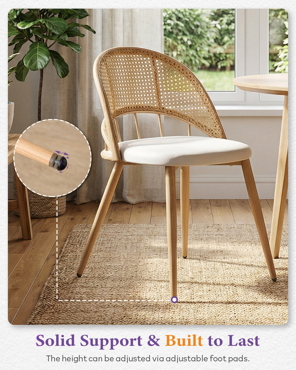 TYBOATLE Rattan Dinner Chairs Set of 4 with Faux Leather Cushion, Modern Dining Room Chairs w/Adjustable Foot Pads, Kitchen Boho Chairs Mid Century Upholstered, White