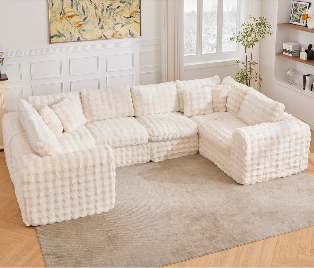 TYBOATLE 135’’ Boneless Slow-Rebound Memory Foam Couch, Cloud Sectional Couches for Living Room w/Upgraded Fabric, Deep Seat Comfy Fluffy U Shaped Modular Sectional Sofa w/Chaise (Beige, 6U)