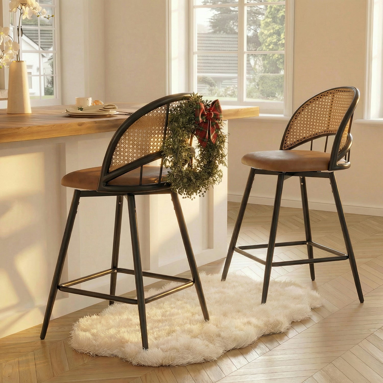 29'' BarStools Set of 4 w/Rattan Backrest, Swivel Counter Height Bar Stools