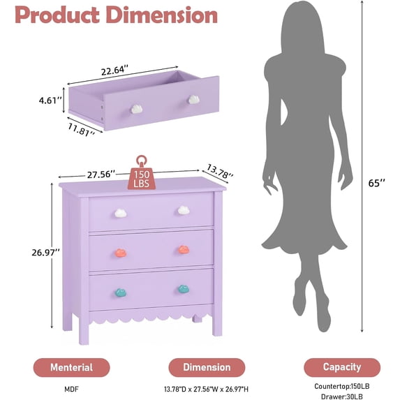 LAZZO 3-Drawer Nightstand, Modern Bedside Table with 2 Sets of Replacement Handles for Bedroom, Purple