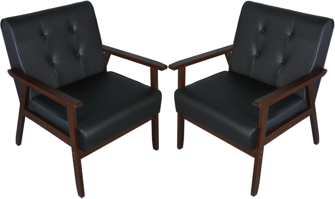 AODAILIHB Accent Chairs Set of 2, Mid Century Modern Accent Chairs, Retro Wood and Leather Armchairs, Lounge Reading Comfy Arm Chair for Living Room, Bedroom, Studio, Office (2, Black-1)