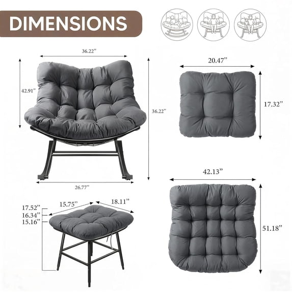 LAZZO Outdoor Rocking Chair with Ottoman, Patio Rocker with Soft Cushion for Garden & Balcony, Gray