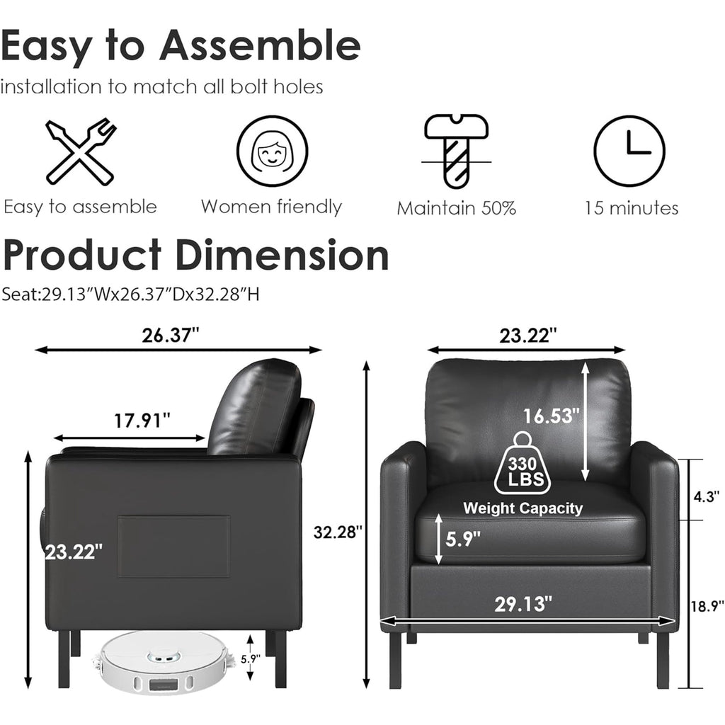 LAZZO Accent Chair, Faux Leather Upholstered Armchair for Living Room, Bedroom and Apartment, Black