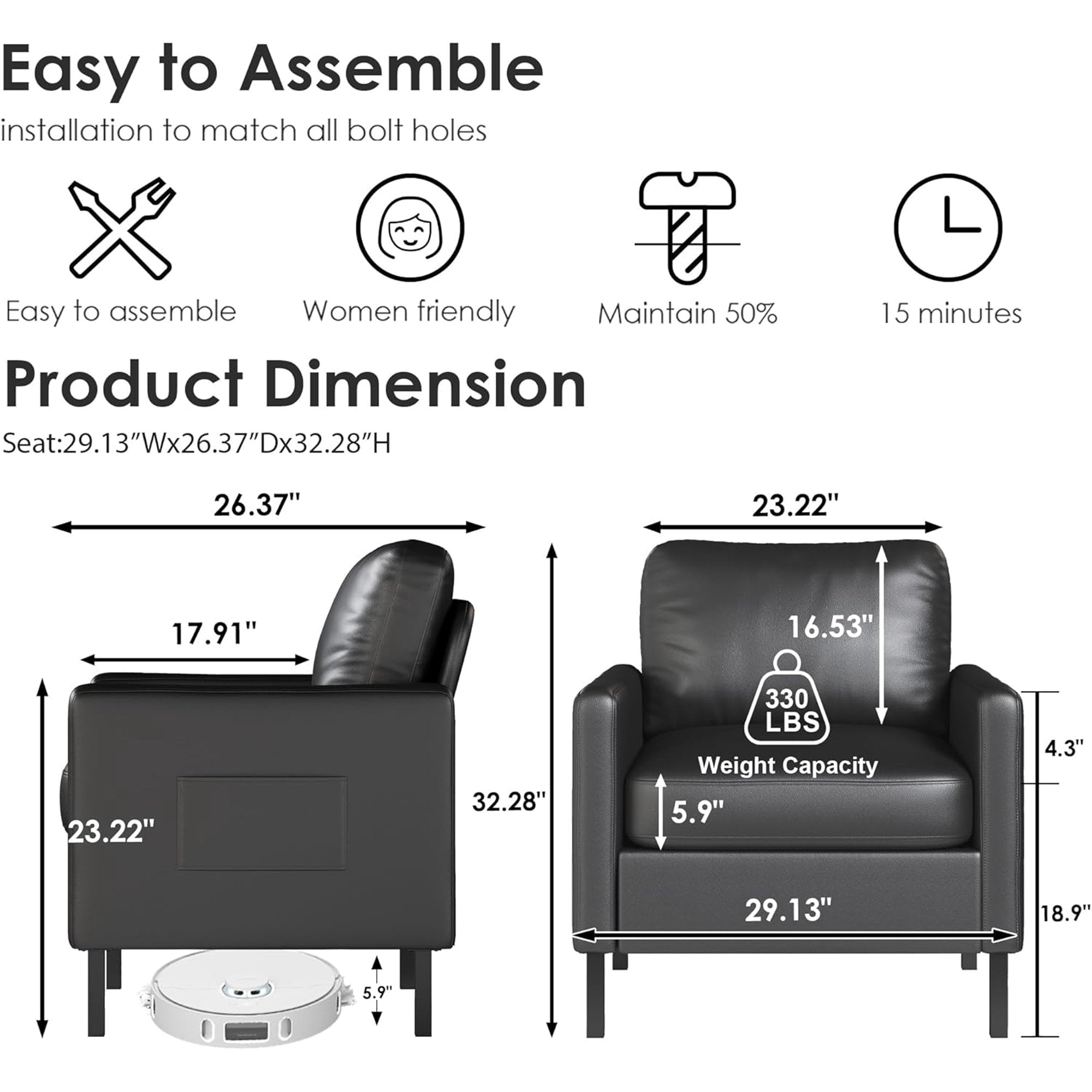 LAZZO Accent Chair, Faux Leather Upholstered Armchair for Living Room, Bedroom and Apartment, Black