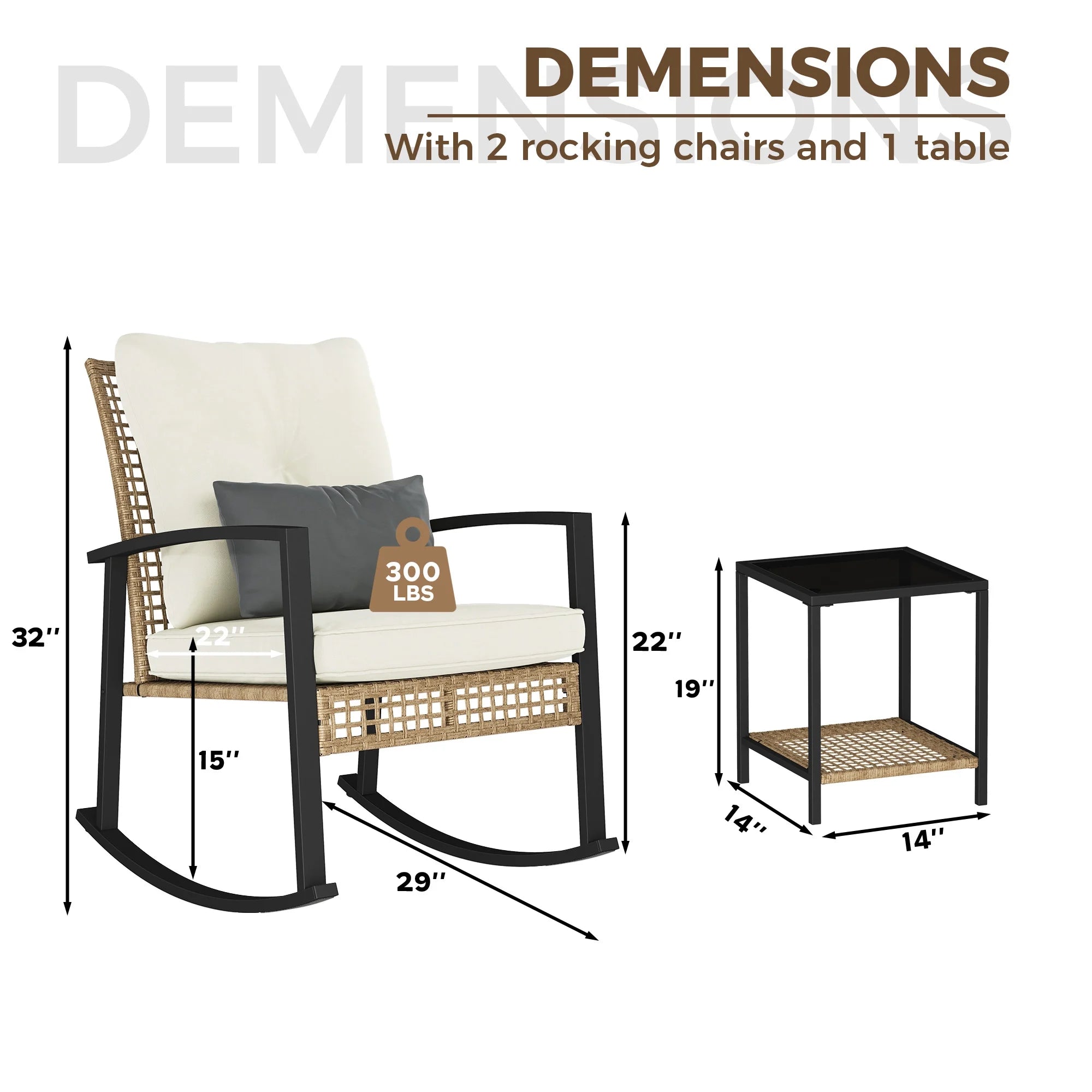 LAZZO 3 Pieces Patio Outdoor Conversation Set with Lumbar Pillows and Coffee Table, PE Wicker Rocking Chairs with Beige Cushions