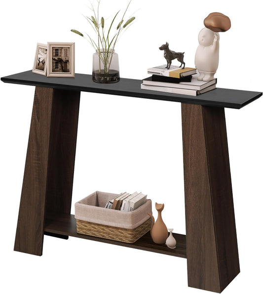 AODAILIHB 2-Tier Small Entryway Table with Open Storage Shelf，Industrial Long Console Table, Black Marble & Brown