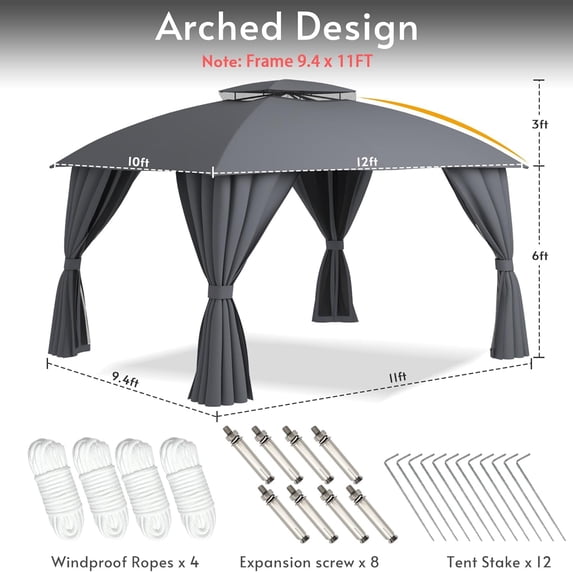 LAZZO 10'x12' Outdoor Gazebo, Double Roof Metal Frame Patio Canopy with Mosquito Netting & Privacy Screens, Gray