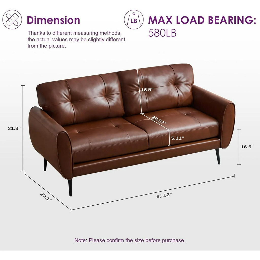 LAZZO 61" Mid Century Modern Tufted Loveseat, Leather 2-Seat Small Sofa for Living Room, Bedroom & Office, Brown