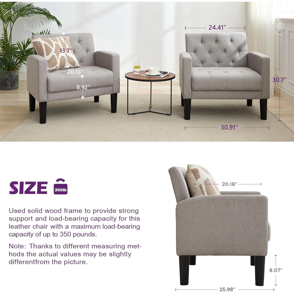LAZZO Mid-Century Modern Accent Chair Set of 2, Upholstered Armchair for Living Room & Office, Light Gray