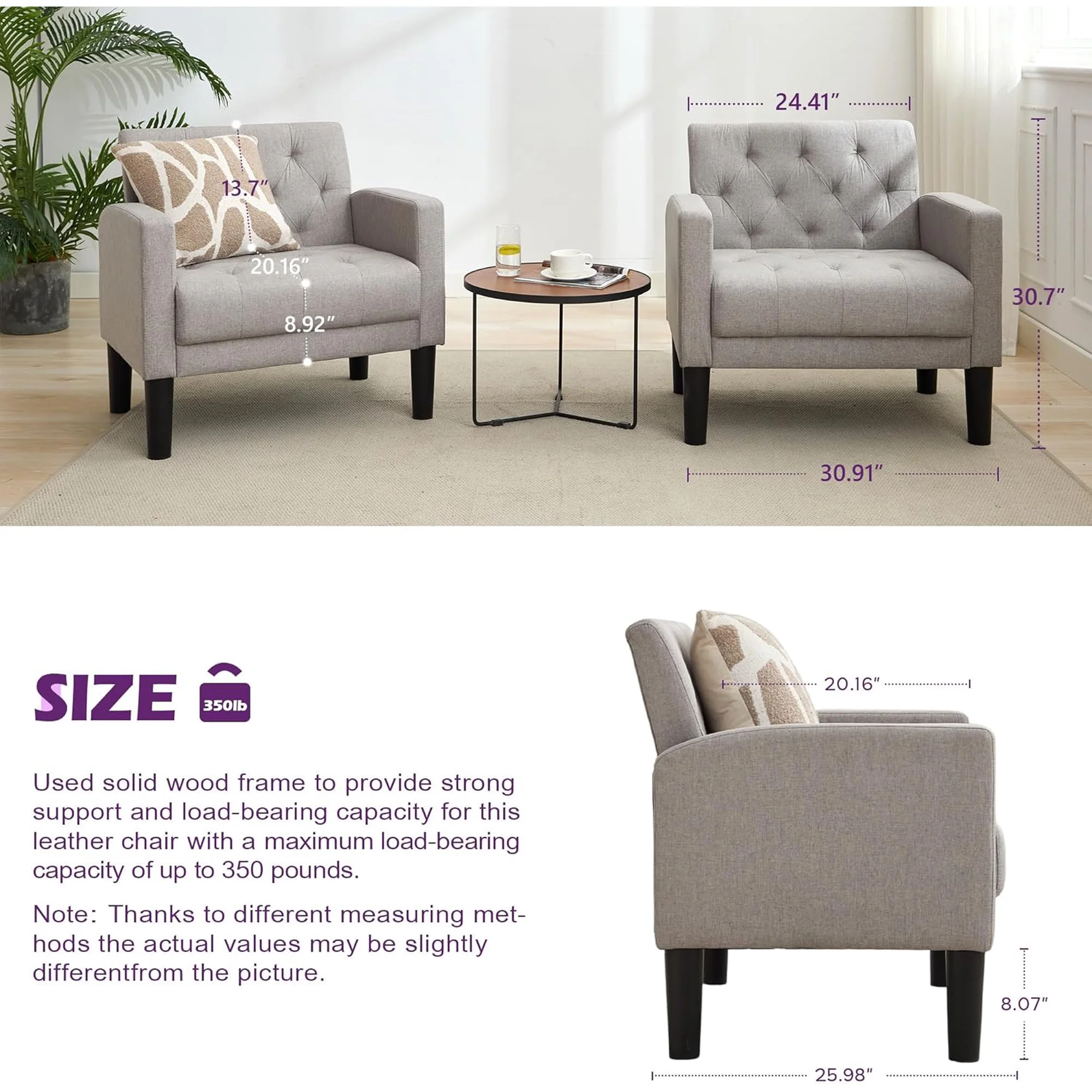 LAZZO Mid-Century Modern Accent Chair Set of 2, Upholstered Armchair for Living Room & Office, Light Gray