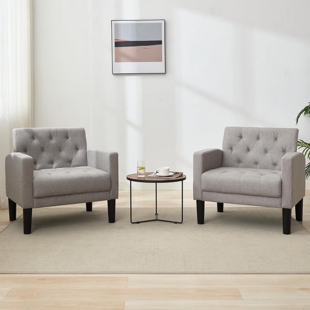 LAZZO Mid-Century Modern Accent Chair Set of 2, Upholstered Armchair for Living Room & Office, Light Gray