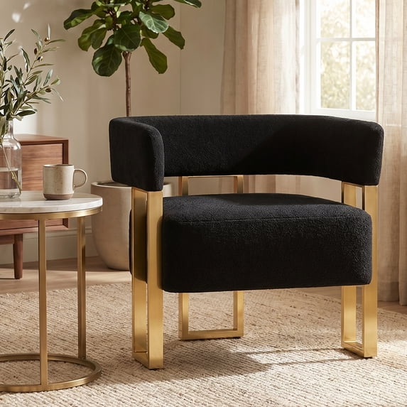 LAZZO Barrel Accent Chair, Mid-Century Modern Teddy Fleece Upholstered Armchair with Gold Metal Legs, Black