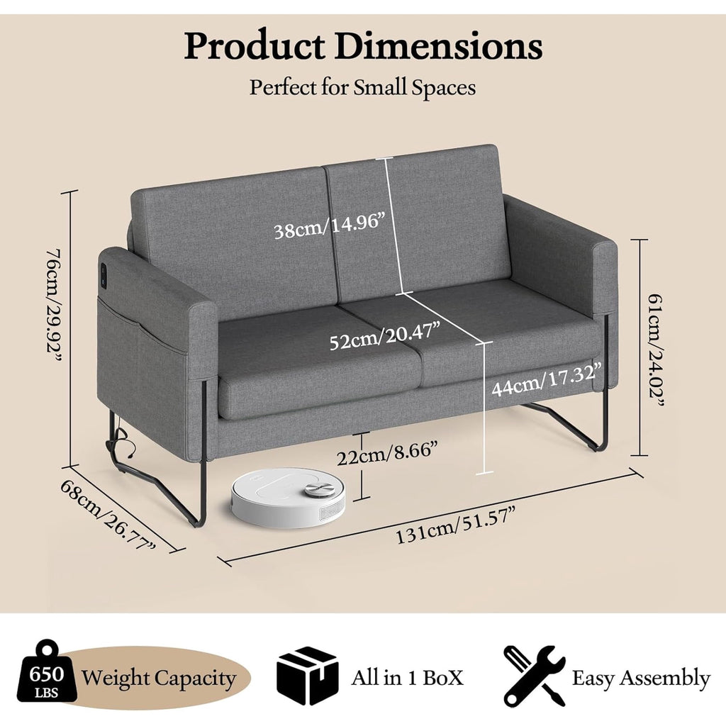 LAZZO 51" Loveseat Sofa, 2 Seater Small Space Couch with USB Charging Port & Side Pocket for Bedroom Office, Gray