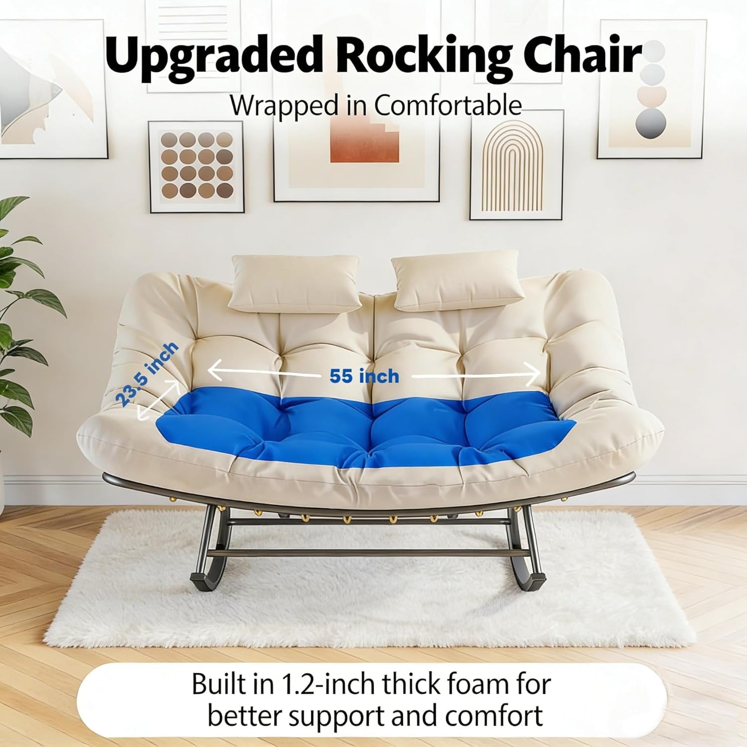 LAZZO Outdoor Rocking Papasan Chair with Headrests, 2-Person Oversized Loveseat Rocker with Soft Cushion for Garden & Balcony, Beige