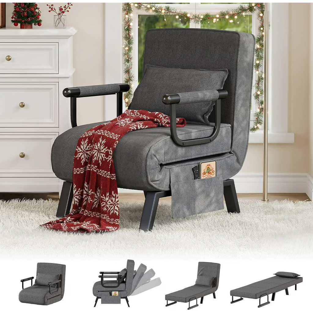 LAZZO 5-in-1 Convertible Sleep Chair Bed, Comfy Folding Sleeper Chair for Adults with Adjustable Backrest, Side Pockets & Pillow, Dark Gray