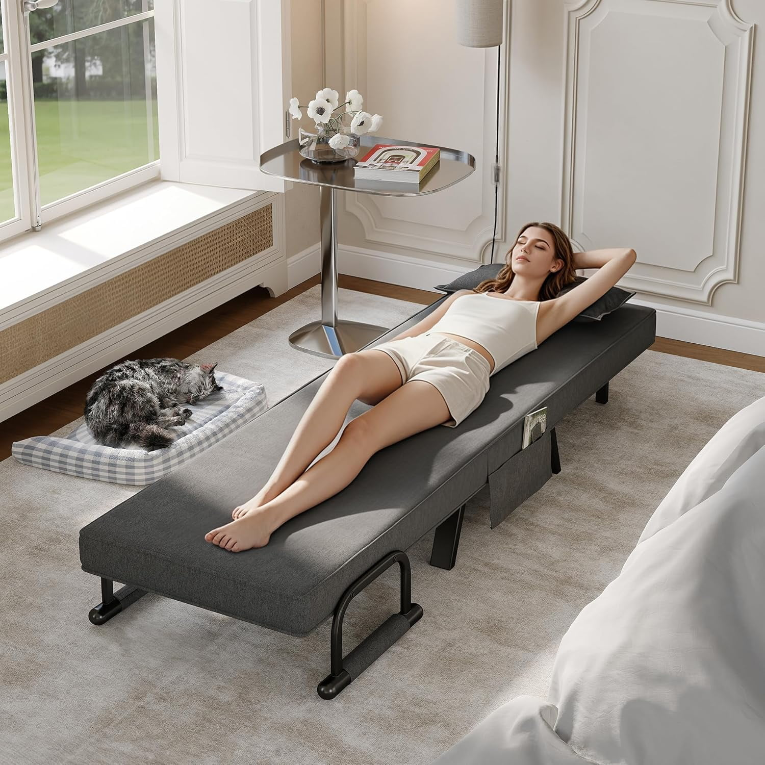LAZZO 5-in-1 Convertible Sleep Chair Bed, Comfy Folding Sleeper Chair for Adults with Adjustable Backrest, Side Pockets & Pillow, Dark Gray