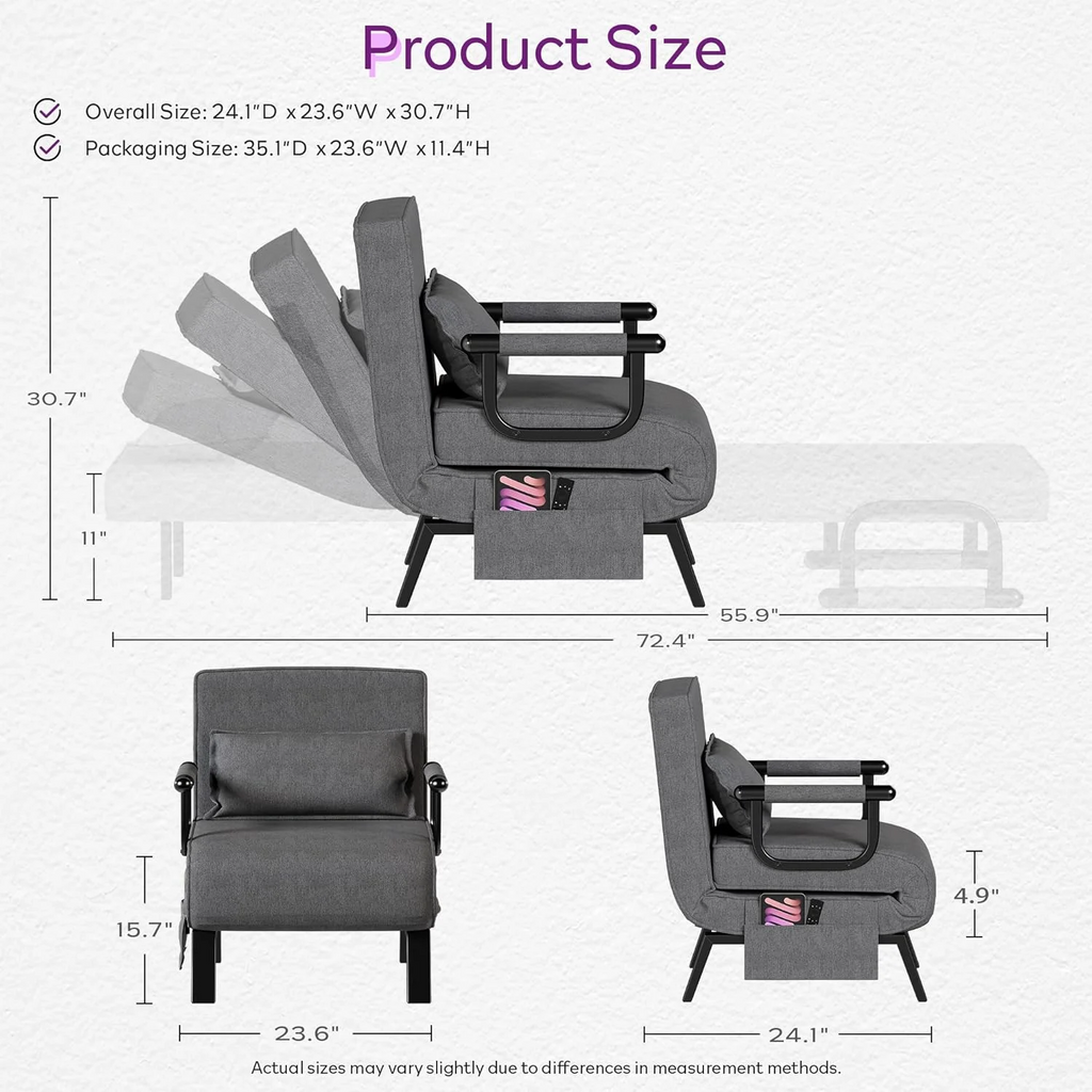 LAZZO 5-in-1 Convertible Sleep Chair Bed, Comfy Folding Sleeper Chair for Adults with Adjustable Backrest, Side Pockets & Pillow, Dark Gray