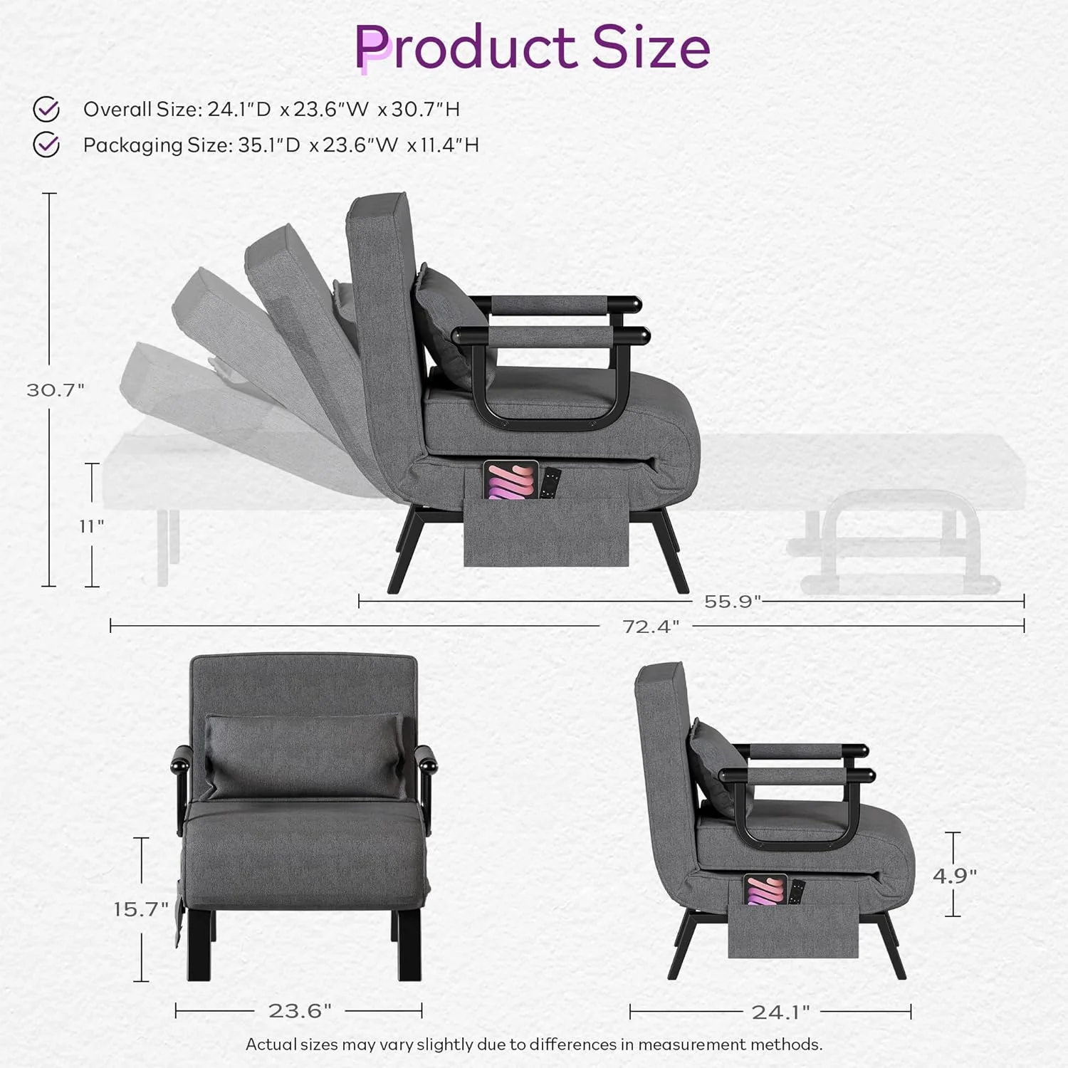 LAZZO 5-in-1 Convertible Sleep Chair Bed, Comfy Folding Sleeper Chair for Adults with Adjustable Backrest, Side Pockets & Pillow, Dark Gray