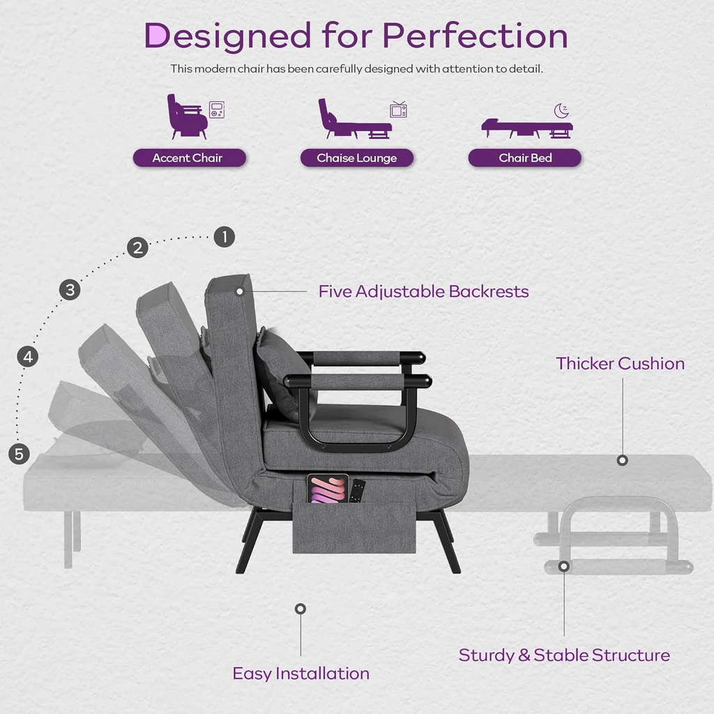LAZZO 5-in-1 Convertible Sleep Chair Bed, Comfy Folding Sleeper Chair for Adults with Adjustable Backrest, Side Pockets & Pillow, Dark Gray