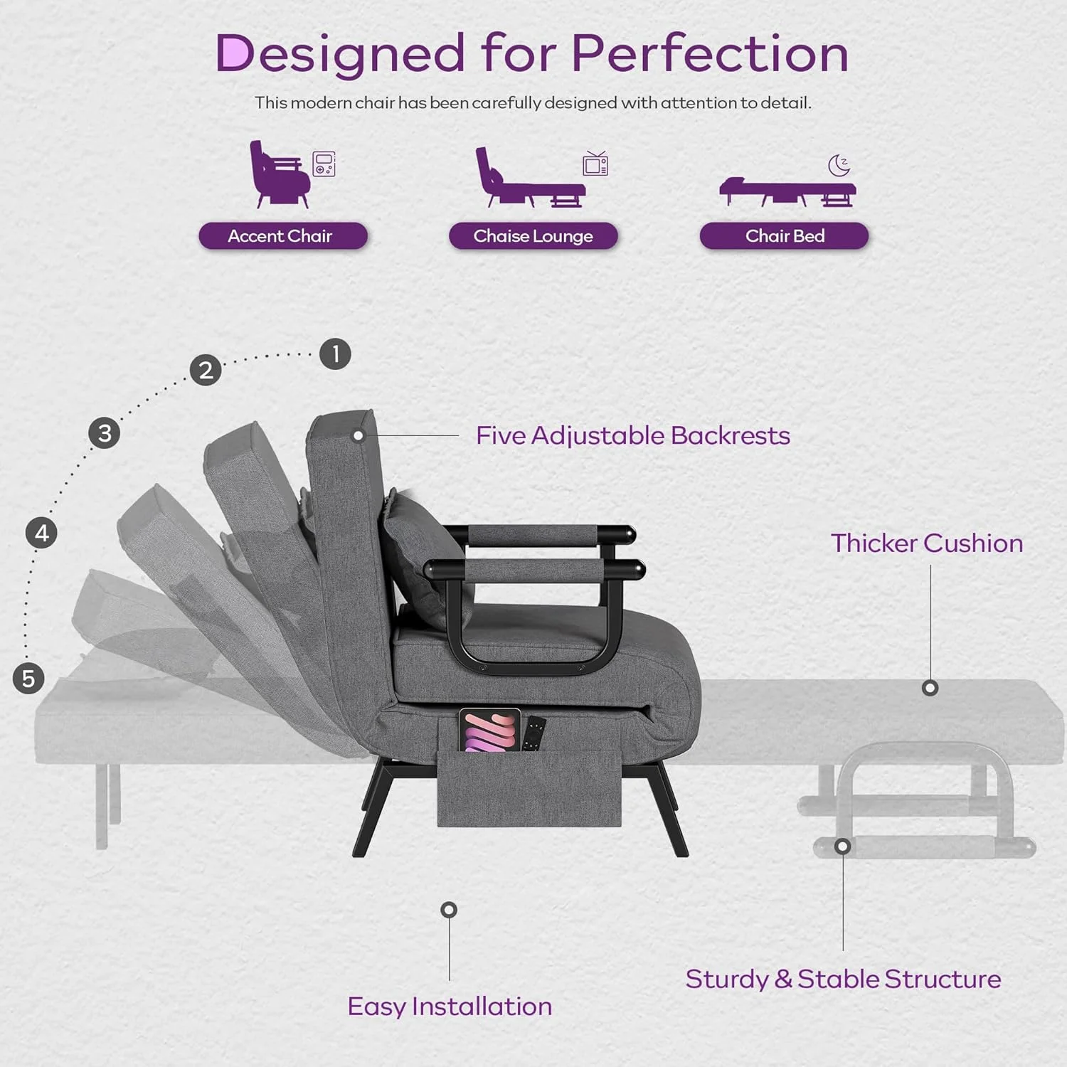LAZZO 5-in-1 Convertible Sleep Chair Bed, Comfy Folding Sleeper Chair for Adults with Adjustable Backrest, Side Pockets & Pillow, Dark Gray