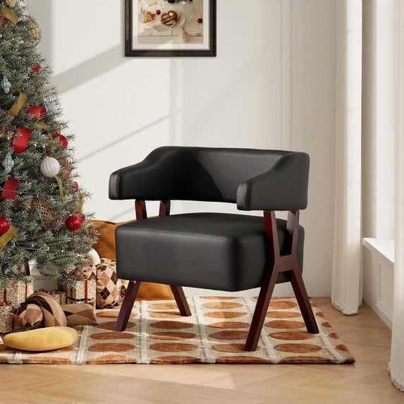 LAZZO Mid-Century Modern Faux Leather Accent Chair with Curved Back and Solid Wood Frame for Living Room and Bedroom, Black