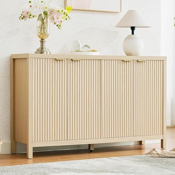 LAZZO 55" Fluted Buffet Cabinet, Kitchen Sideboard with Doors & Storage Shelves for Dining & Living Room, Natural Wood