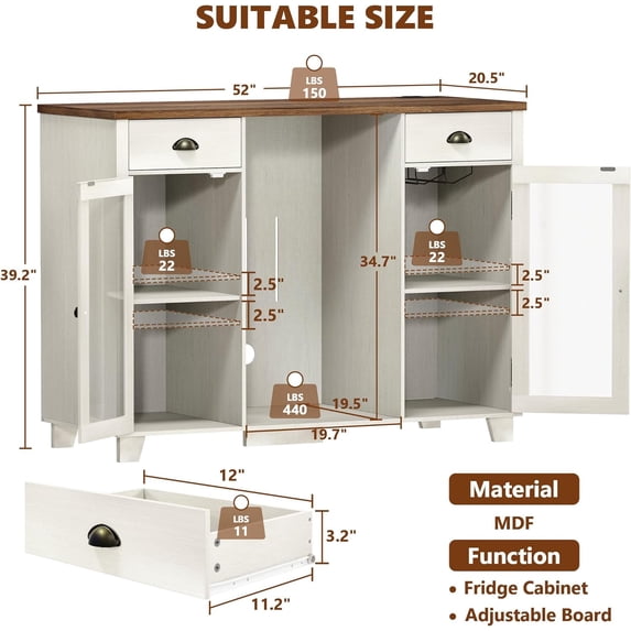 LAZZO Bar Cabinet with Mini Fridge Space, 52“ Storage Cabinet with Power Outlet and Goblet Holder for Kitchen, Dining and Living Room
