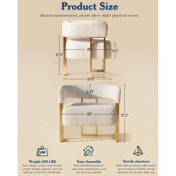 LAZZO Barrel Accent Chair, Mid-Century Modern Teddy Fleece Upholstered Armchair with Gold Metal Legs, White