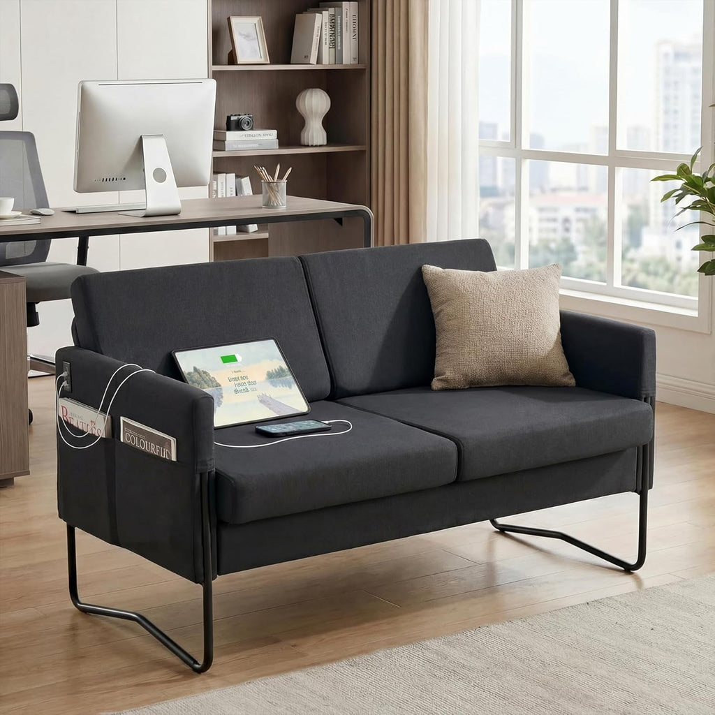 LAZZO 51" Loveseat Sofa, 2 Seater Small Space Couch with USB Charging Port & Side Pocket for Bedroom Office, Black