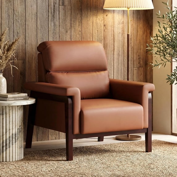 LAZZO Faux Leather Accent Chair, High Back Upholstered Armchair with Padded Arms and Solid Wood Legs for Living Room and Bedroom, Brown