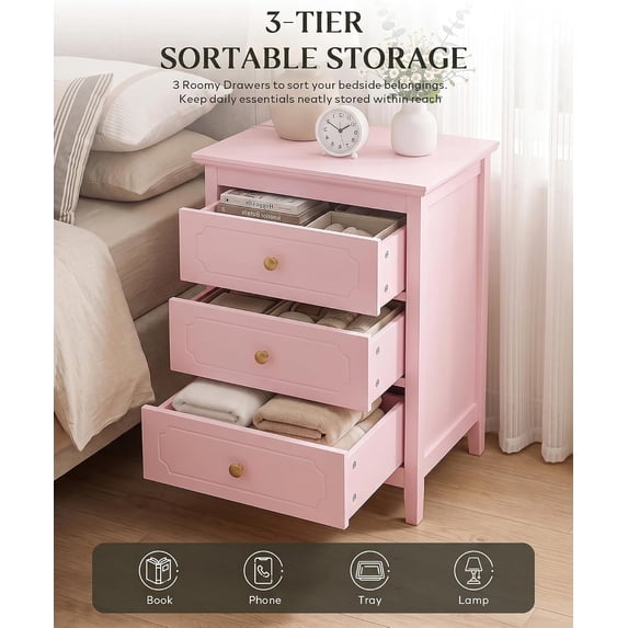 LAZZO 3-Drawer Nightstand Set of 2, Storage Side End Table for Bedroom and Living Room, Pink
