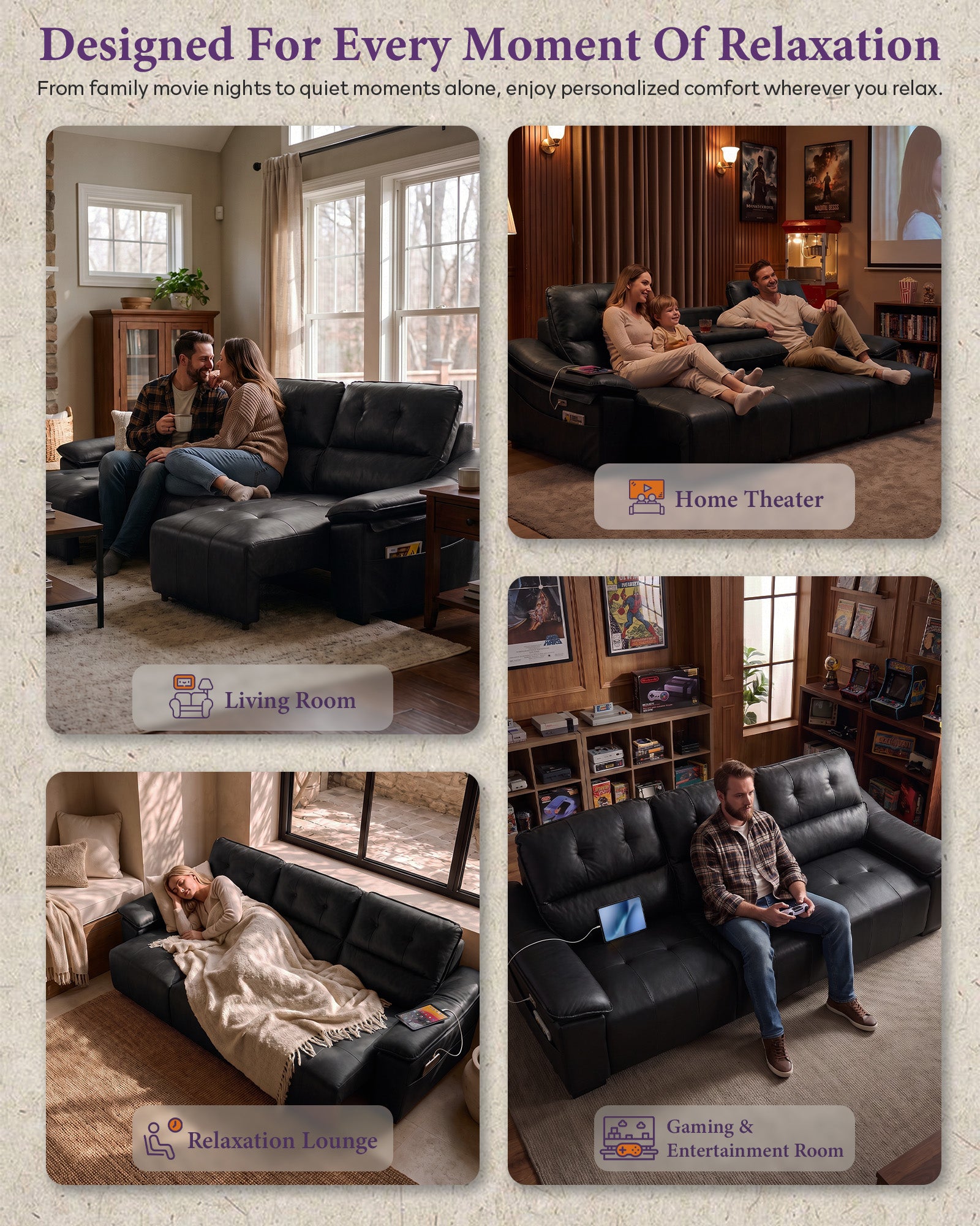 Electric Reclining Sectional Couch, Power Recliner Sofa w/USB & Type-C Charging Ports and Cup Holders, Leather Reclining Sofa for Living Room, Home Theater