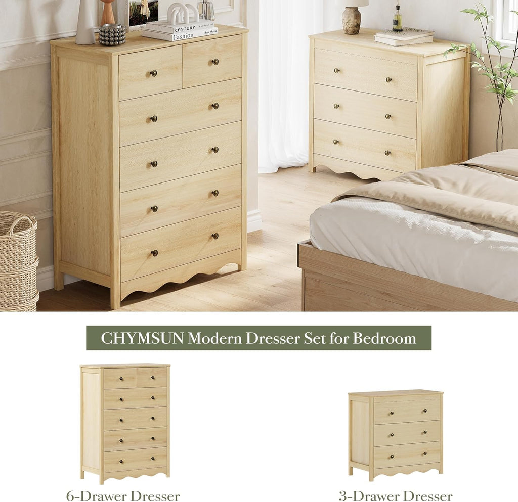 CHYMSUN Dresser for Bedroom with 6 Drawers, 44” Tall Modern Wood Dresser Chest of Drawers with Metal Handle, Farmhouse Natural Solid Wooden Dressers Organizer for Living Room, Hallway