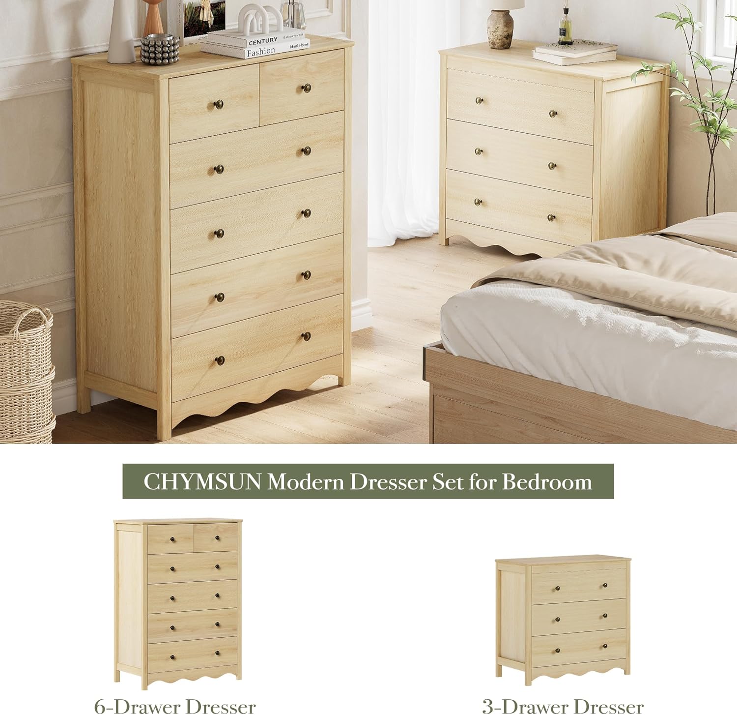 CHYMSUN Dresser for Bedroom with 6 Drawers, 44” Tall Modern Wood Dresser Chest of Drawers with Metal Handle, Farmhouse Natural Solid Wooden Dressers Organizer for Living Room, Hallway