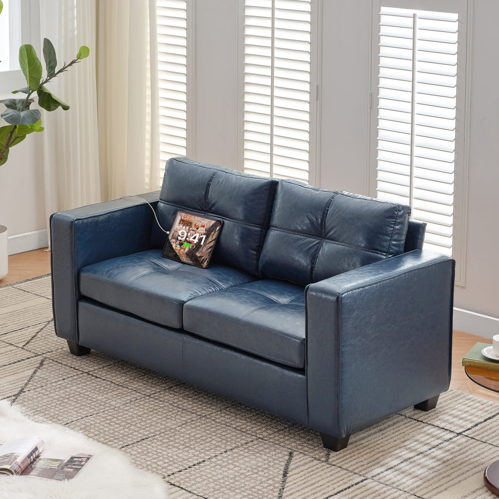 TYBOATLE 65" Blue Faux Leather Loveseat for Bedroom, Mid-Century Modern Tufted Comfy Loveseat w/USB Charging Ports and Wide Arms, 2 Seat Office Small Couch for Small Space
