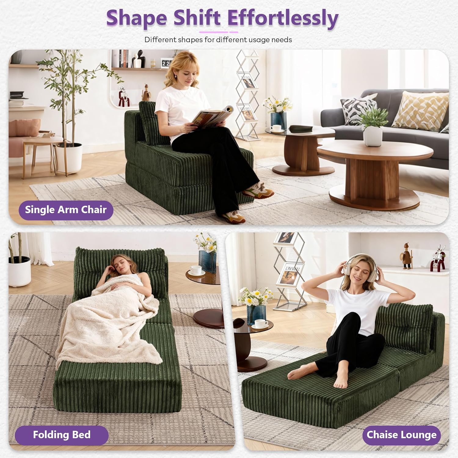 TYBOATLE Folding Sofa Bed, Convertible Sleeper Chair with Back Support and Pillow, Fold Out Floor Chair Bed, Comfy Foldable Mattress Futon Couch for Living Room, Bedroom (Forest Green, Single Seat)