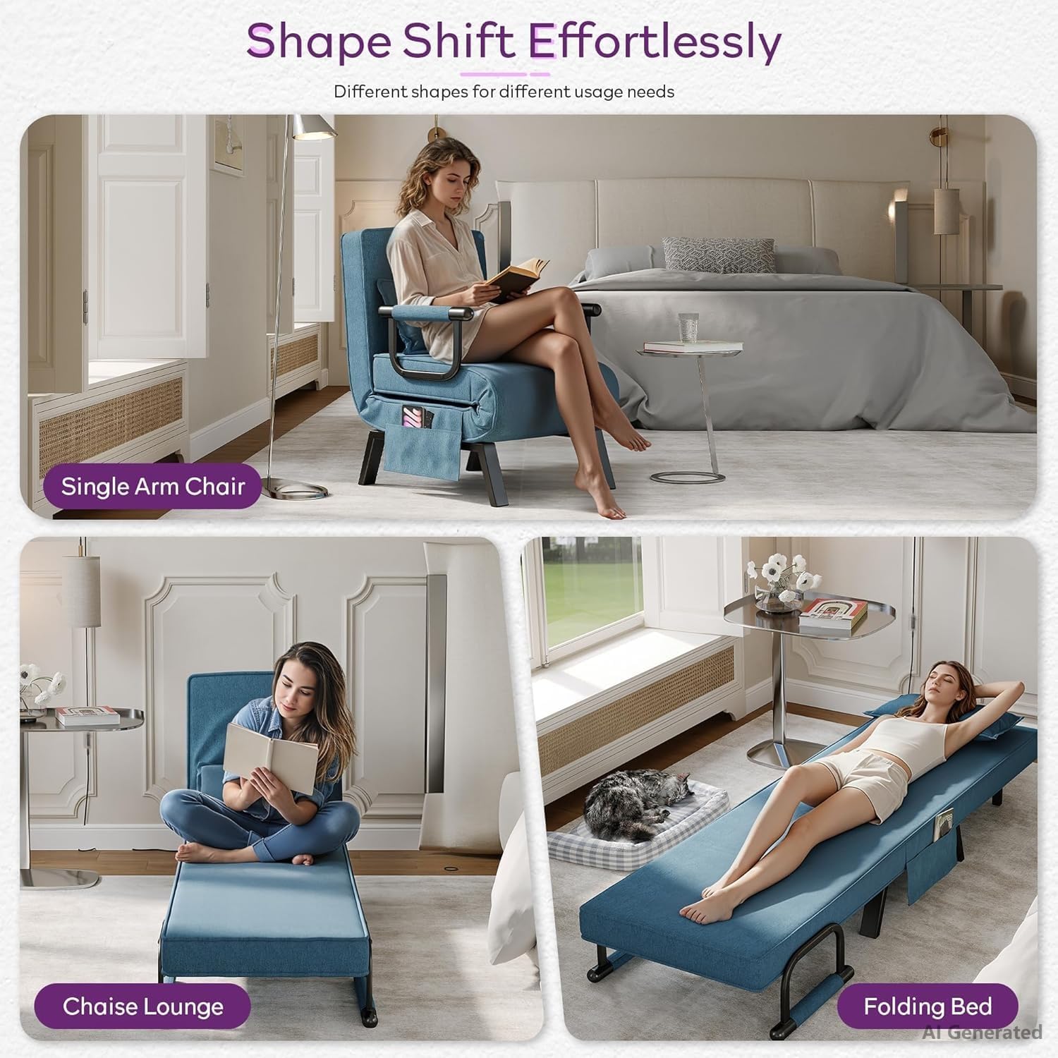 TYBOATLE Sleep Chair Bed, Folding Sleeper Chairs for Adults (Azure Blue) Comfy, Cozy, Convertible, 5 in 1, Adjustable Backrest, Side Pockets, Pillow, Small Spaces, Office, Dorm