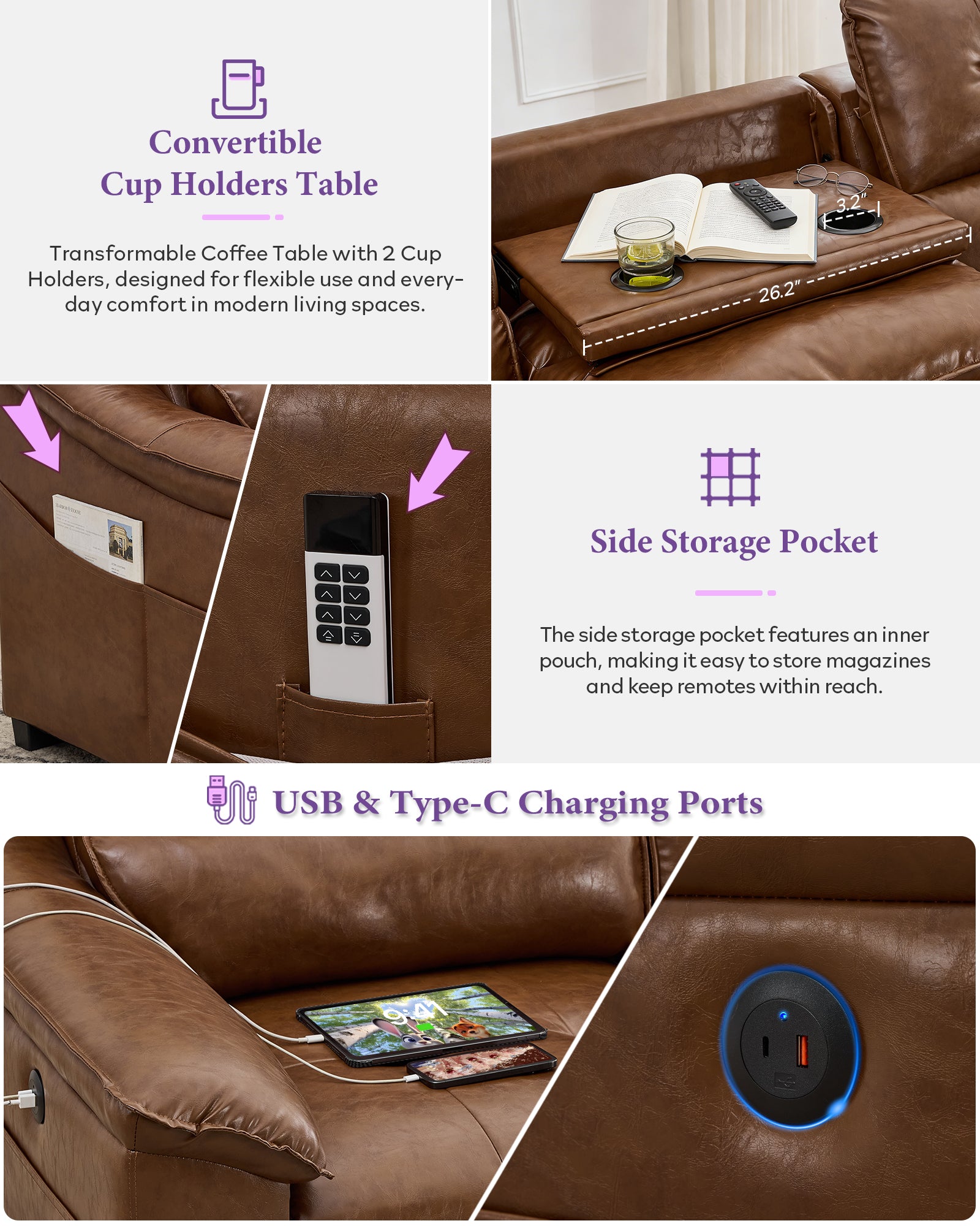 TYBOATLE Electric Reclining Sectional Couch, Power Recliner Sofa w/USB & Type-C Charging Ports and Cup Holders, Leather Reclining Sofa for Living Room, Home Theater (Brown)